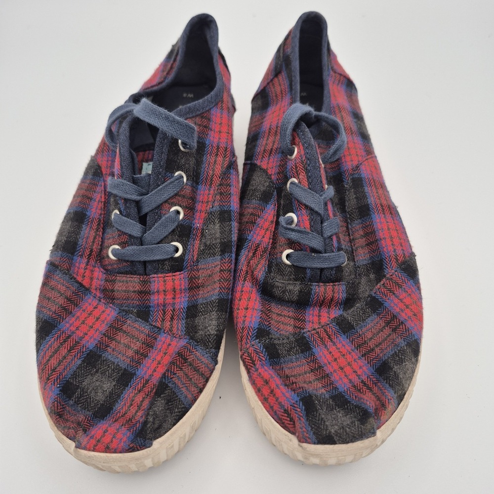TOMS Women 8 Sneakers Plaid Red Black Blue Canvas Lace Up Casual Comfort Shoes